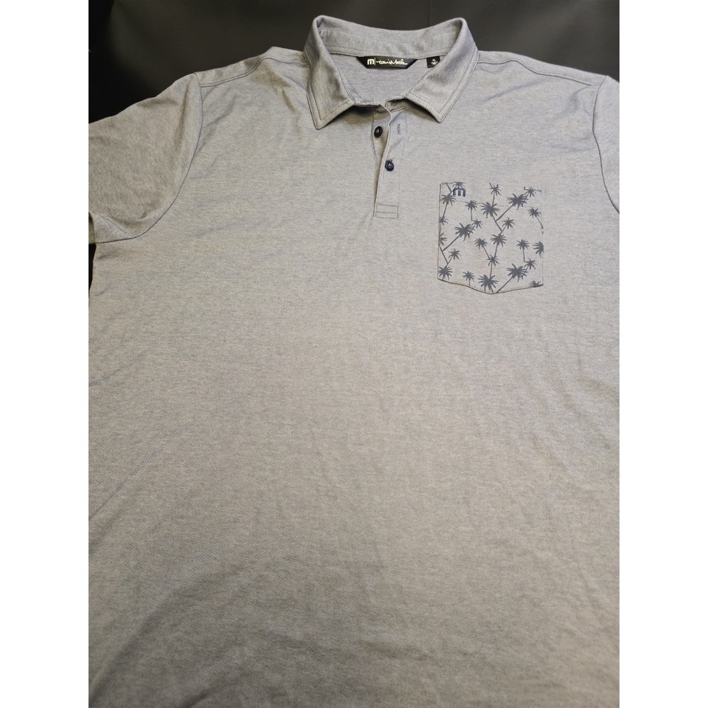Travis Mathew Men's XL Polo Shirt Grey Palm Tree Pocket Golf Performance‎